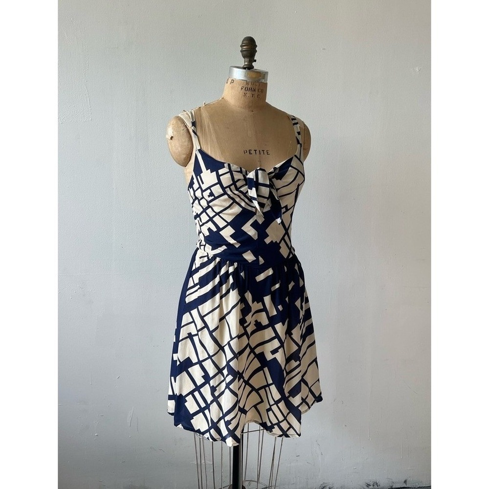 Akiko Navy and Cream Abstract Tie-Front Silk Mini Dress